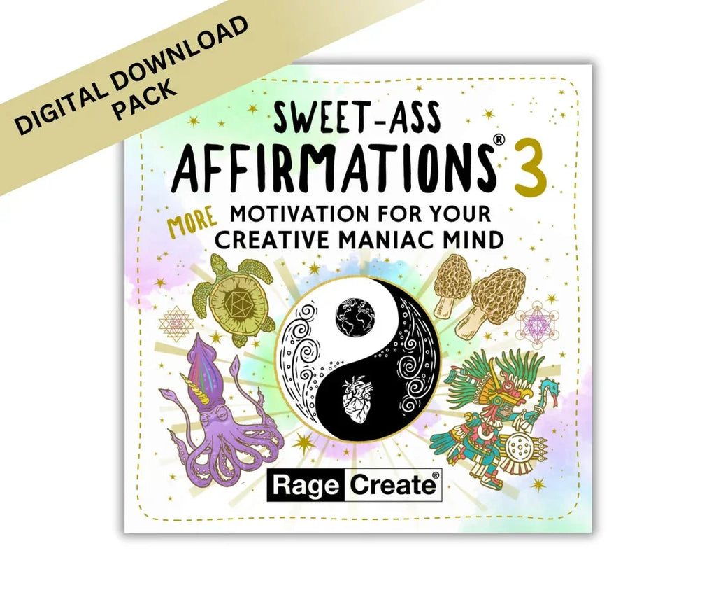 Digital deck pack cover art for Sweet-Ass Affirmations 3 featuring a decorative yin-yang symbol with mystical illustrations including an octopus, turtle, mushrooms, and colorful Aztec-style figure aga