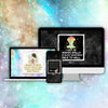 Three digital devices showing affirmation card designs with mystical illustrations and golden text on pastel and starry backgrounds.