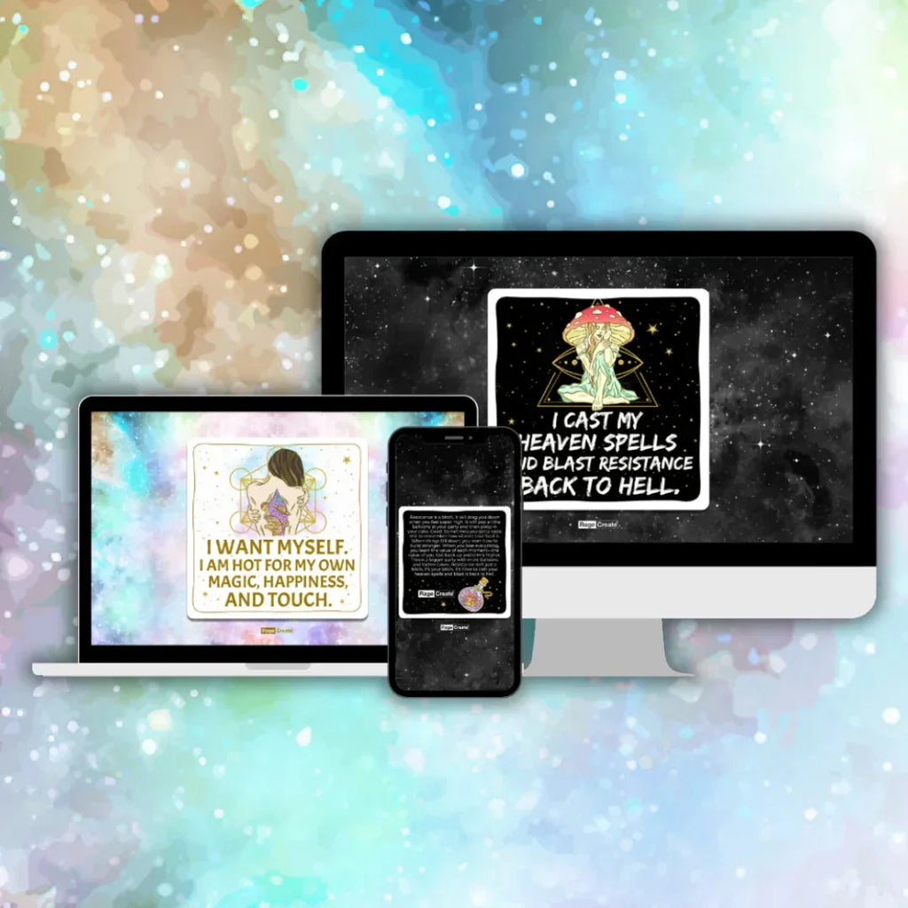 Three digital devices showing affirmation card designs with mystical illustrations and golden text on pastel and starry backgrounds.