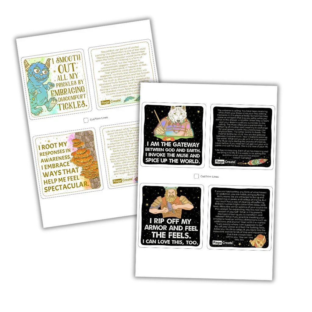 Three printed sheets displaying colorful affirmation cards including turquoise creature, golden tortoise, cosmic wolf warrior, and bearded sage with empowering text on black and cream backgrounds.