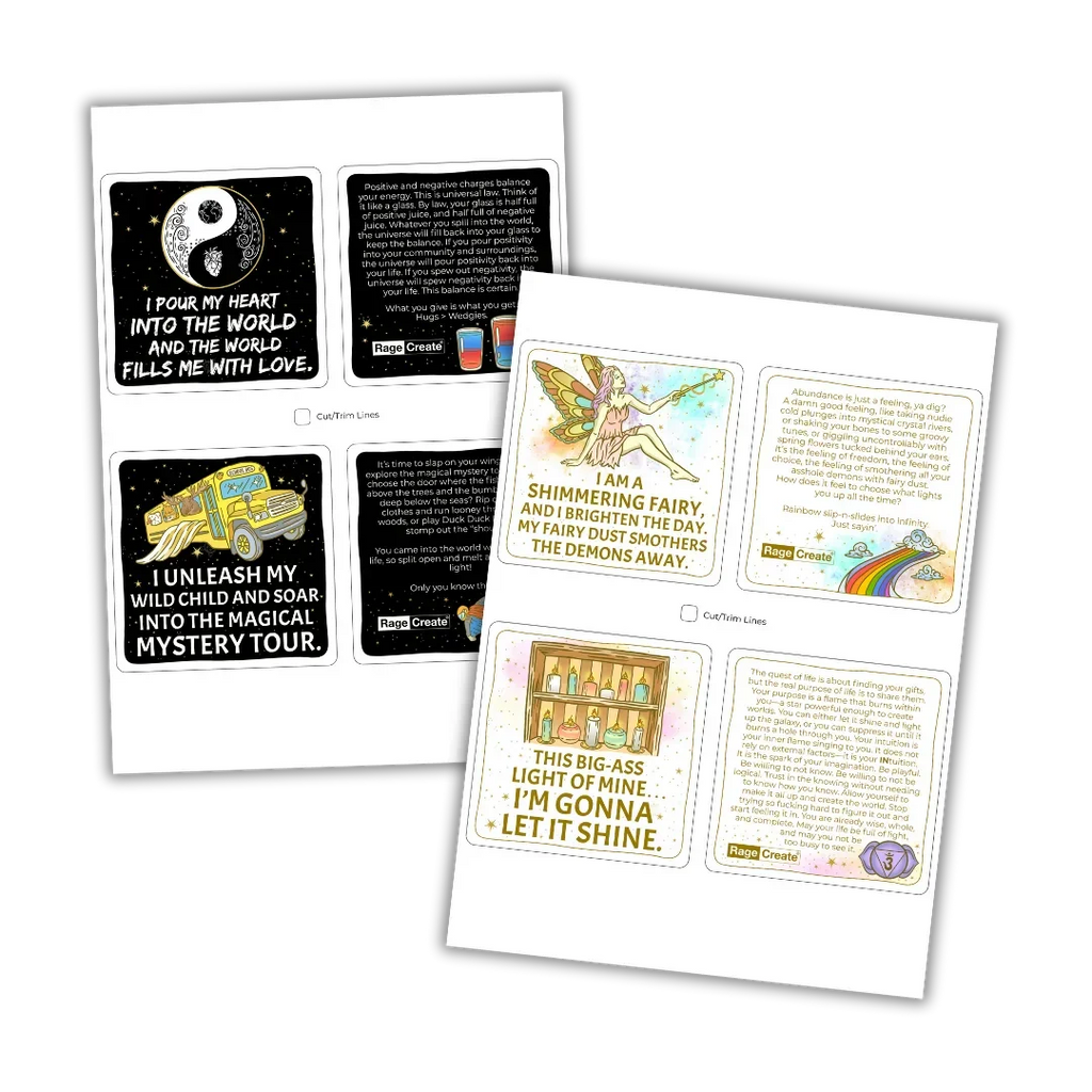 Three printed pages displaying colorful affirmation cards from the Sweet Ass Affirmations deck, featuring illustrated designs with gold text, fairy and celestial themes, and inspirational quotes fanne