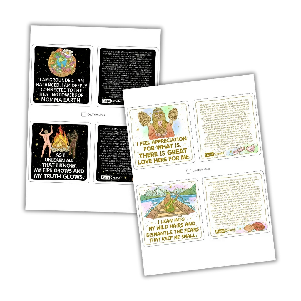 Three printed sheets displaying colorful affirmation cards with illustrated figures, earth imagery, and gold text affirmations about self-empowerment and grounding, arranged in an overlapping fan layo