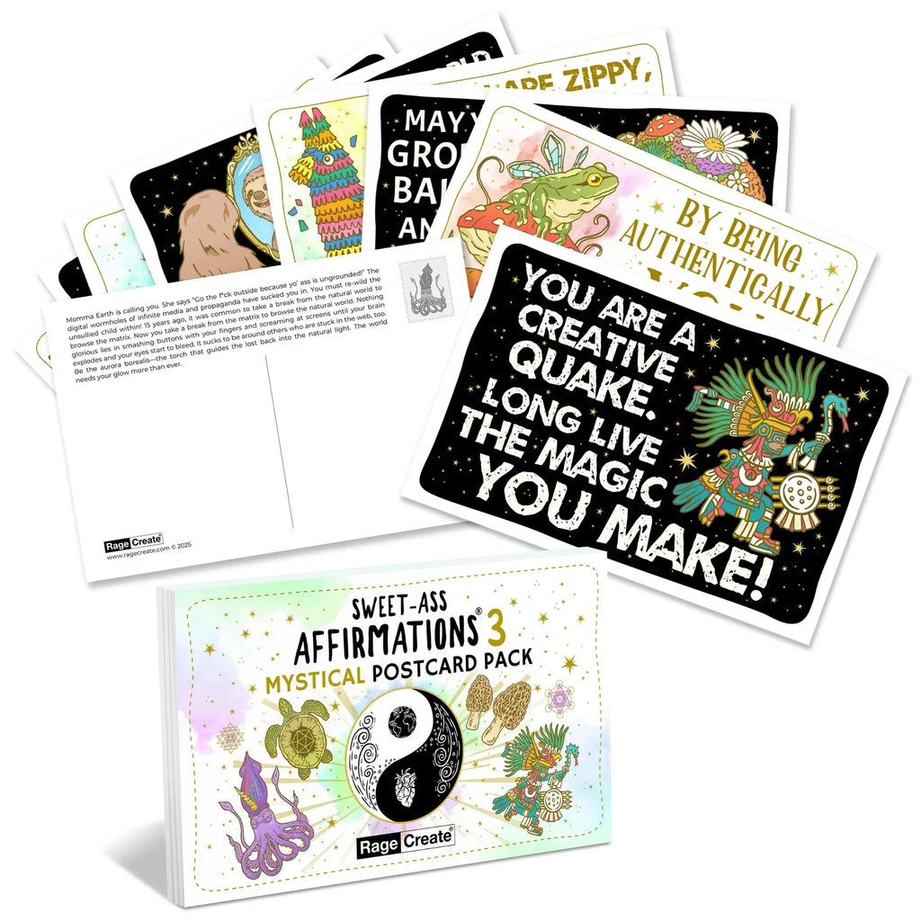 Sweet-Ass Affirmations 3 Mystical Postcard Pack displayed with colorful individual cards fanned above a white box, featuring mystical artwork with affirmations on black and pastel backgrounds.