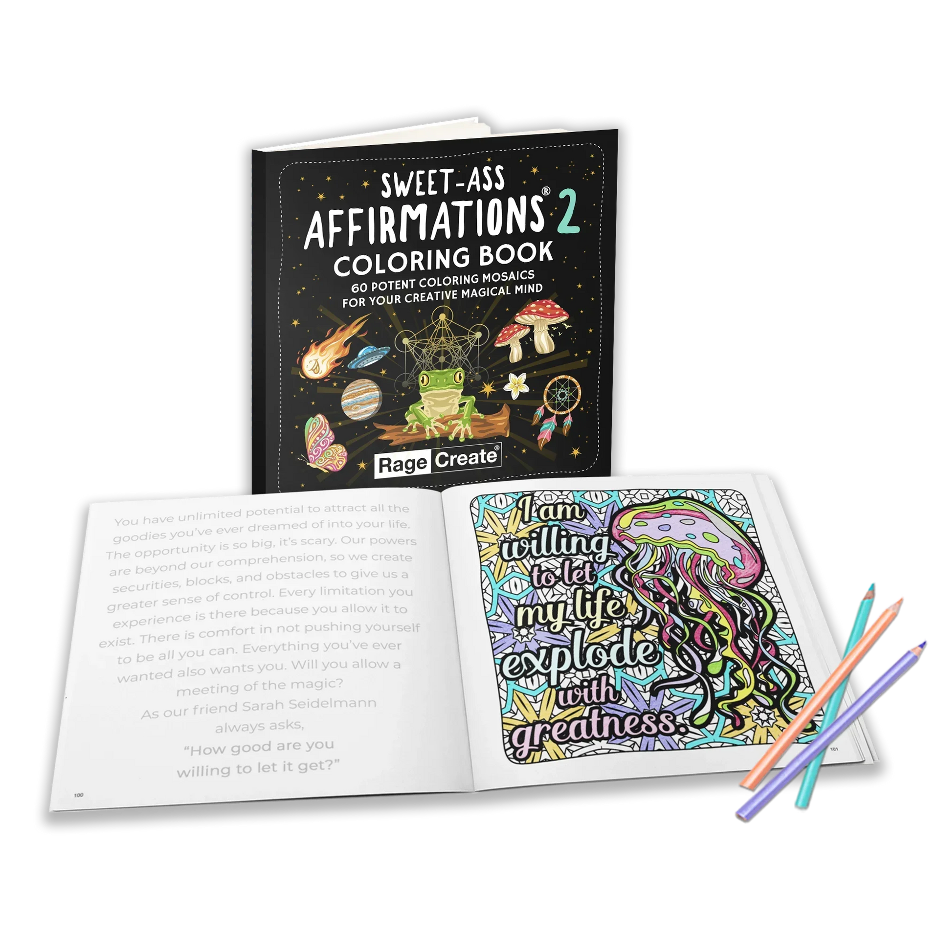 Open spread of Sweet-Ass Affirmations 2 coloring book showing an inspirational text page and a vibrant mosaic coloring page with rainbow-colored pencils nearby.