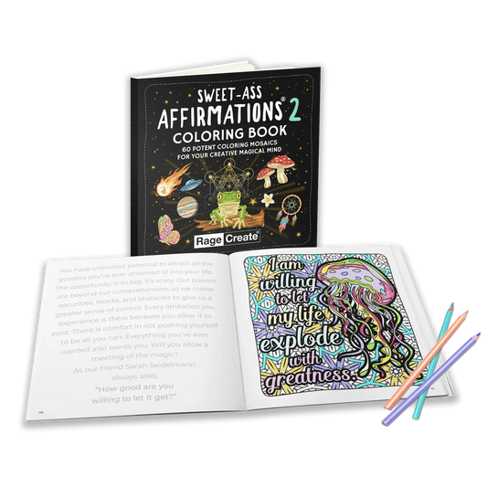 Open spread of Sweet-Ass Affirmations 2 coloring book showing an inspirational text page and a vibrant mosaic coloring page with rainbow-colored pencils nearby.