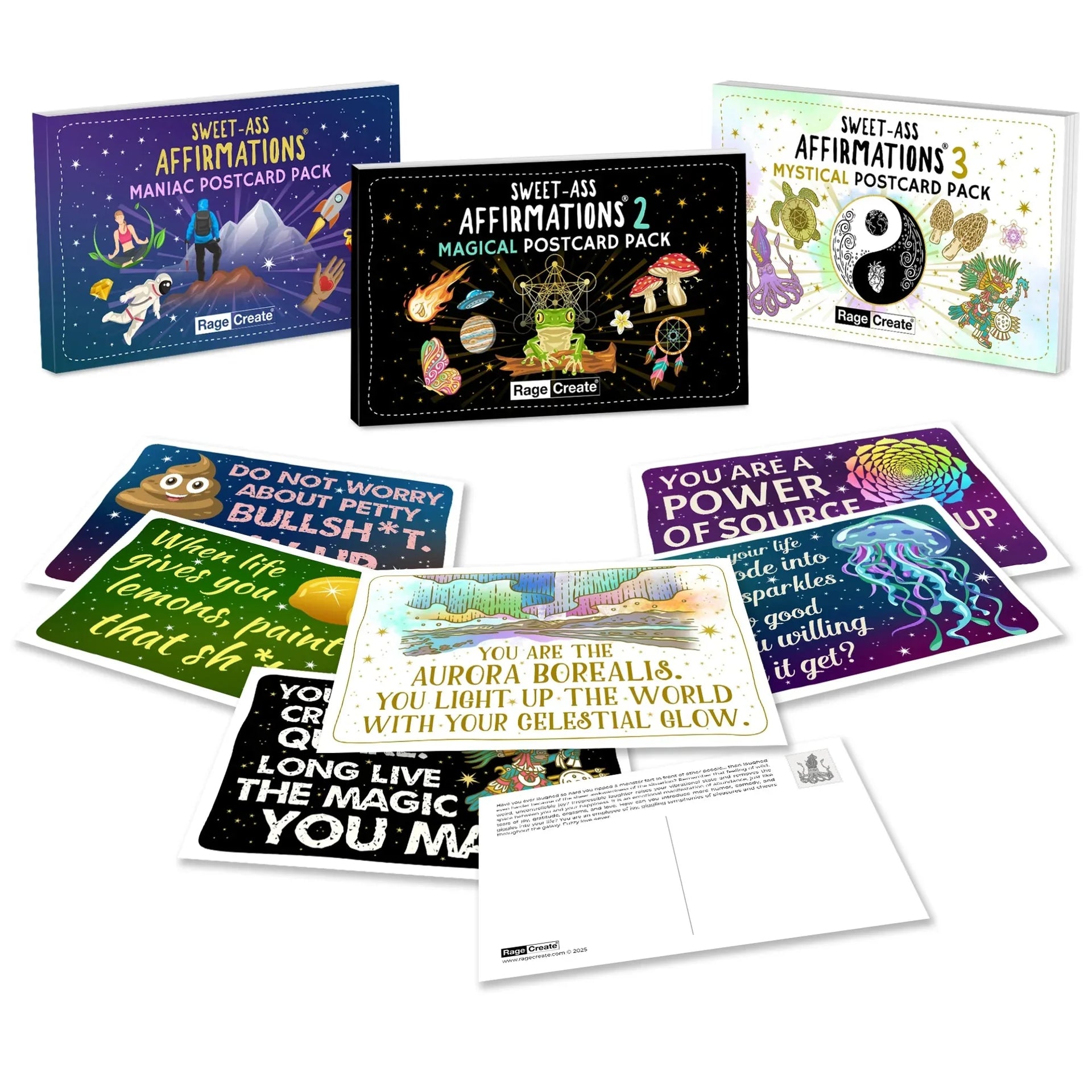 Three Sweet-Ass Affirmations postcard box sets arranged with sample cards fanned out, featuring purple, black, and pastel designs with mystical and empowering illustrations and affirmation text.