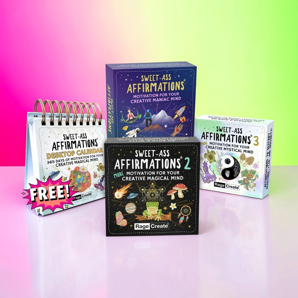 Sweet-Ass Affirmations Spring Bundle — all 4 products displayed together on a pink-to-lime gradient background: Sweet-Ass Affirmations Deck 1, Sweet-Ass Affirmations 2, Sweet-Ass Affirmations 3 and the Sweet-Ass Affirmations Desktop Calendar with Free Callout.