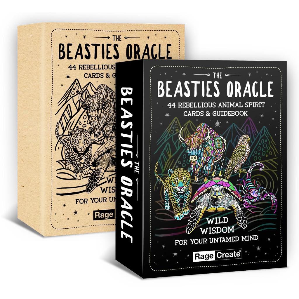 The Beasties Oracle card deck displayed with kraft and black boxes showing colorful animal illustrations including a leopard, bison, owl, and sea turtle against dark mystical backgrounds.