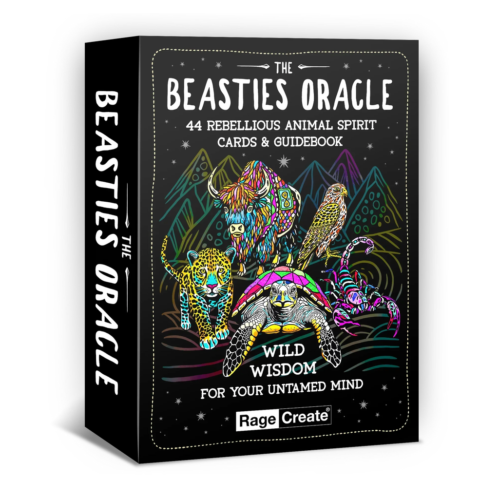 The Beasties Oracle card deck box displaying vibrant neon-colored animals including a leopard, bison, eagle, turtle, and scorpion against a dark starry background with geometric mountain patterns.