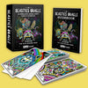 The Beasties Oracle deck box, guidebook, and colorful animal spirit cards displayed on a bright yellow background, featuring vibrant multicolored illustrations of a wolf, butterfly, and tortoise.