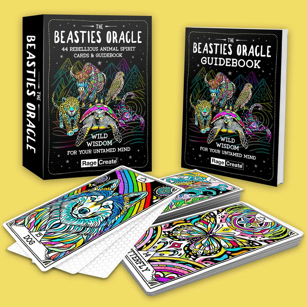 The Beasties Oracle deck box, guidebook, and colorful animal spirit cards displayed on a bright yellow background, featuring vibrant multicolored illustrations of a wolf, butterfly, and tortoise.