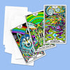 Three vibrant tarot cards from The Beasties Oracle Deck fanned across a light blue background, featuring a rainbow-striped dog illustration, praying mantis design, and swirling night sky scorpion scen