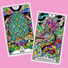 Two vibrant oracle cards from The Beasties deck displayed on a pink background: the Egg card (#11) featuring a geometric pattern with mushrooms and celestial symbols, and the Quetzalcoatl card (#22) s
