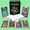 The Beasties Oracle deck set displayed on a mint green background, featuring the black box, open guidebook, and six colorful animal spirit cards including wolf, squid, bat, ape, squirrel, and jaguar w