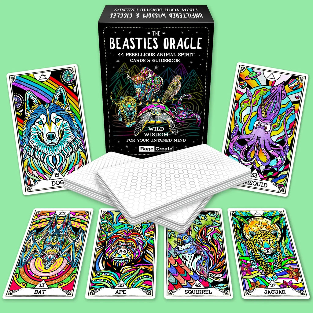 The Beasties Oracle deck set displayed on a mint green background, featuring the black box, open guidebook, and six colorful animal spirit cards including wolf, squid, bat, ape, squirrel, and jaguar w