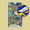 Colorful tarot card featuring a vibrant mountain goat with ornate patterned horns against a turquoise and multi-hued background, with detail circles highlighting the card's intricate stained-glass art