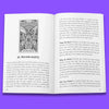 Open oracle deck book displaying card 20 Praying Mantis with intricate line art illustration on left page and instructional text on right, set against vibrant purple background.