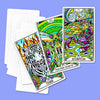 Three colorful tarot cards from The Beasties Oracle Deck featuring a striped tiger with flames, a praying mantis in a vibrant landscape, and a scorpion under swirling skies, fanned on a purple backgro