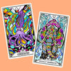 Two vibrant tarot-style oracle cards displayed at an angle against a peachy-orange background: the Unisquid card featuring a purple tentacled creature with bold multicolored patterns, and the Woolly M
