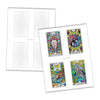 Printable coloring page template showing blank hexagon-pattern card outlines on the left and four completed tarot-style oracle cards on the right featuring vibrant hand-drawn illustrations of a giant