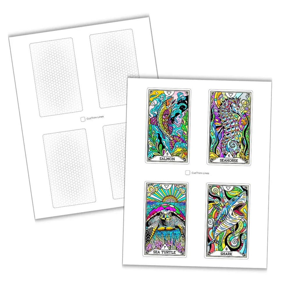 Two stacked printable template sheets for The Beasties Oracle Digital Deck, with the right sheet displaying four vibrant tarot-style cards labeled Salmon, Seahorse, Sea Turtle, and Shark in bold jewel