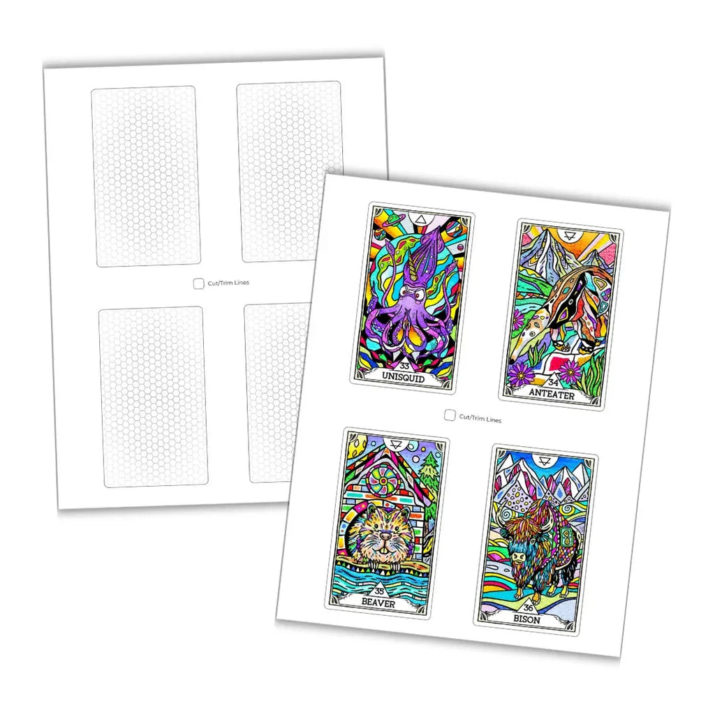 Printable sheet showing four vibrant tarot-style oracle cards labeled Unisquid, Anteater, Beaver, and Bison with bold black outlines and rainbow colors against blank card templates on white background
