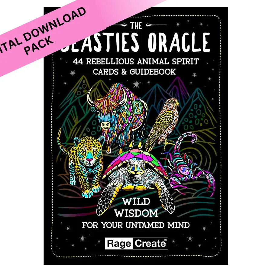 The Beasties Oracle card deck box featuring vibrant neon-colored animals including a bison, leopard, eagle, turtle, and scorpion against a black starry background with mountains, with a pink digital d