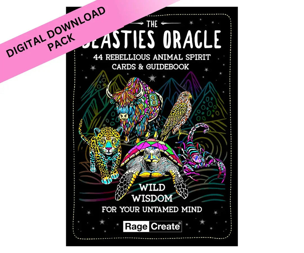 The Beasties Oracle card deck box featuring vibrant neon-colored animals including a bison, leopard, eagle, turtle, and scorpion against a black starry background with mountains, with a pink digital d