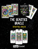 The Beasties Oracle digital deck displayed on three smartphones showing colorful tarot cards, with physical deck cards and box visible above against a starry night sky background.