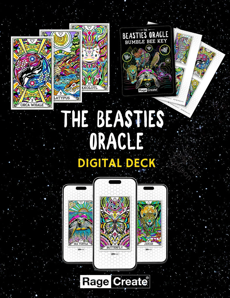 The Beasties Oracle digital deck displayed on three smartphones showing colorful tarot cards, with physical deck cards and box visible above against a starry night sky background.