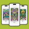 Three smartphones displaying colorful tarot-style oracle cards featuring a sea turtle, butterfly, and jaguar with vibrant stained-glass patterns against a bright lime-green background.