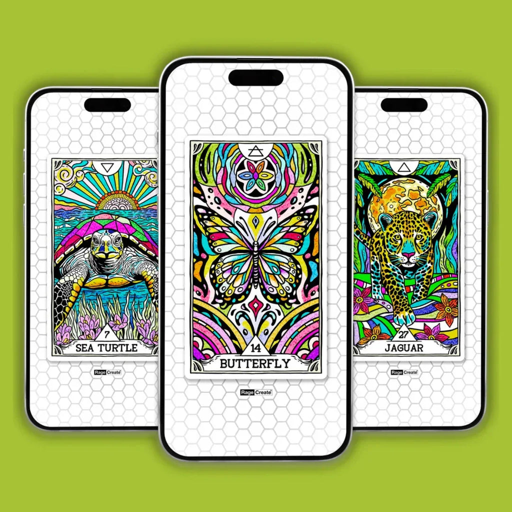 Three smartphones displaying colorful tarot-style oracle cards featuring a sea turtle, butterfly, and jaguar with vibrant stained-glass patterns against a bright lime-green background.