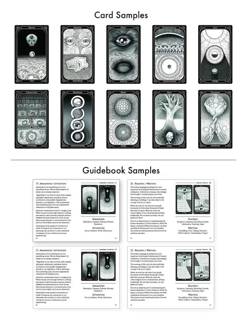 Ten tarot-style oracle cards arranged in two rows featuring intricate black-and-white imagery of eyes, celestial bodies, and botanical forms, with sample guidebook pages displayed below showing card i