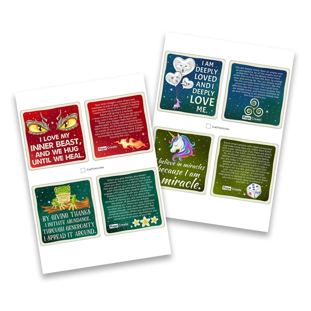 Two white cards displaying colorful affirmation cards from the Sweet Ass Affirmations deck, featuring vibrant designs with heart-eyed dragon, moon balloons, unicorn, and frog characters on deep jewel-