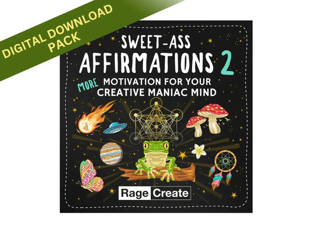 Digital download pack cover featuring a dark space-themed design with a glowing frog, mystical symbols, colorful mushrooms, and cosmic elements like planets and stars, with the title Sweet-Ass Affirma
