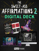Digital deck mockup displaying affirmation cards on laptop, desktop monitor, and phone screens with purple octopus and mushroom illustrations against a starry black background.