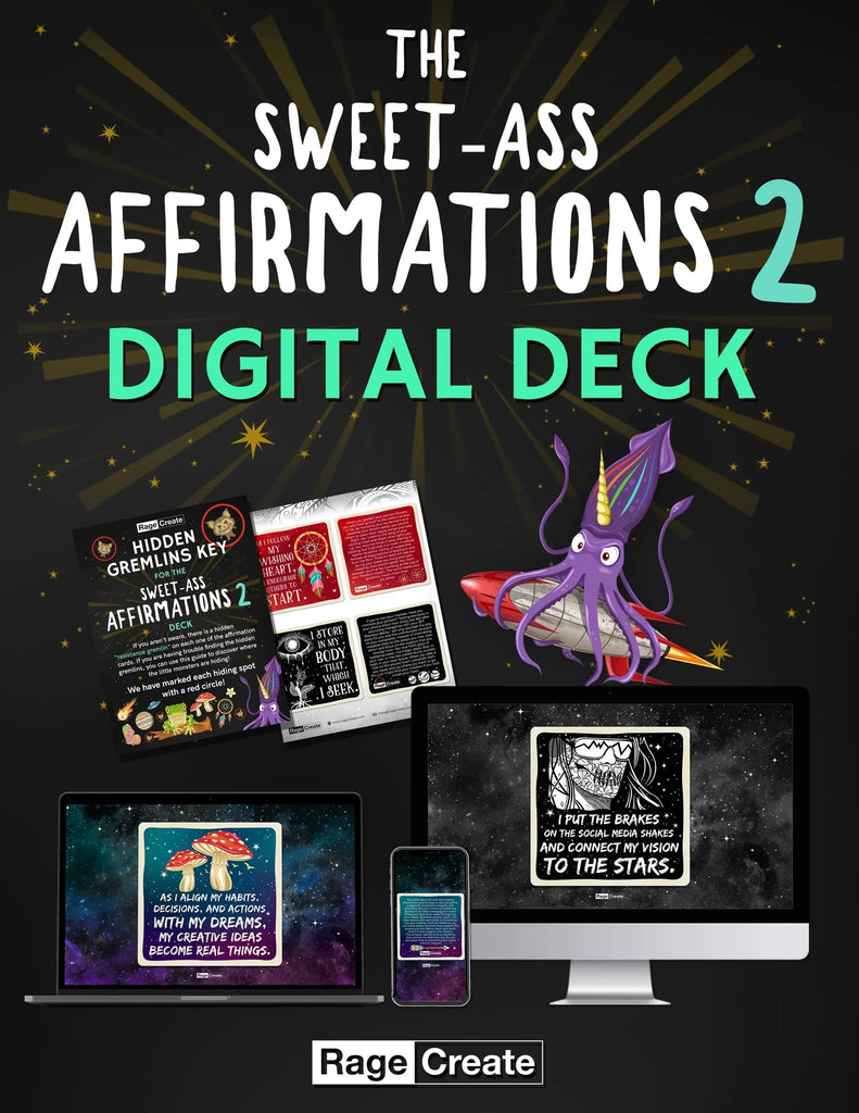 Digital deck mockup displaying affirmation cards on laptop, desktop monitor, and phone screens with purple octopus and mushroom illustrations against a starry black background.