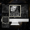 Desktop and mobile device mockup displaying affirmation cards with black ink illustrations and white text on a starry night sky background, promoting Rage Create's digital affirmation deck.
