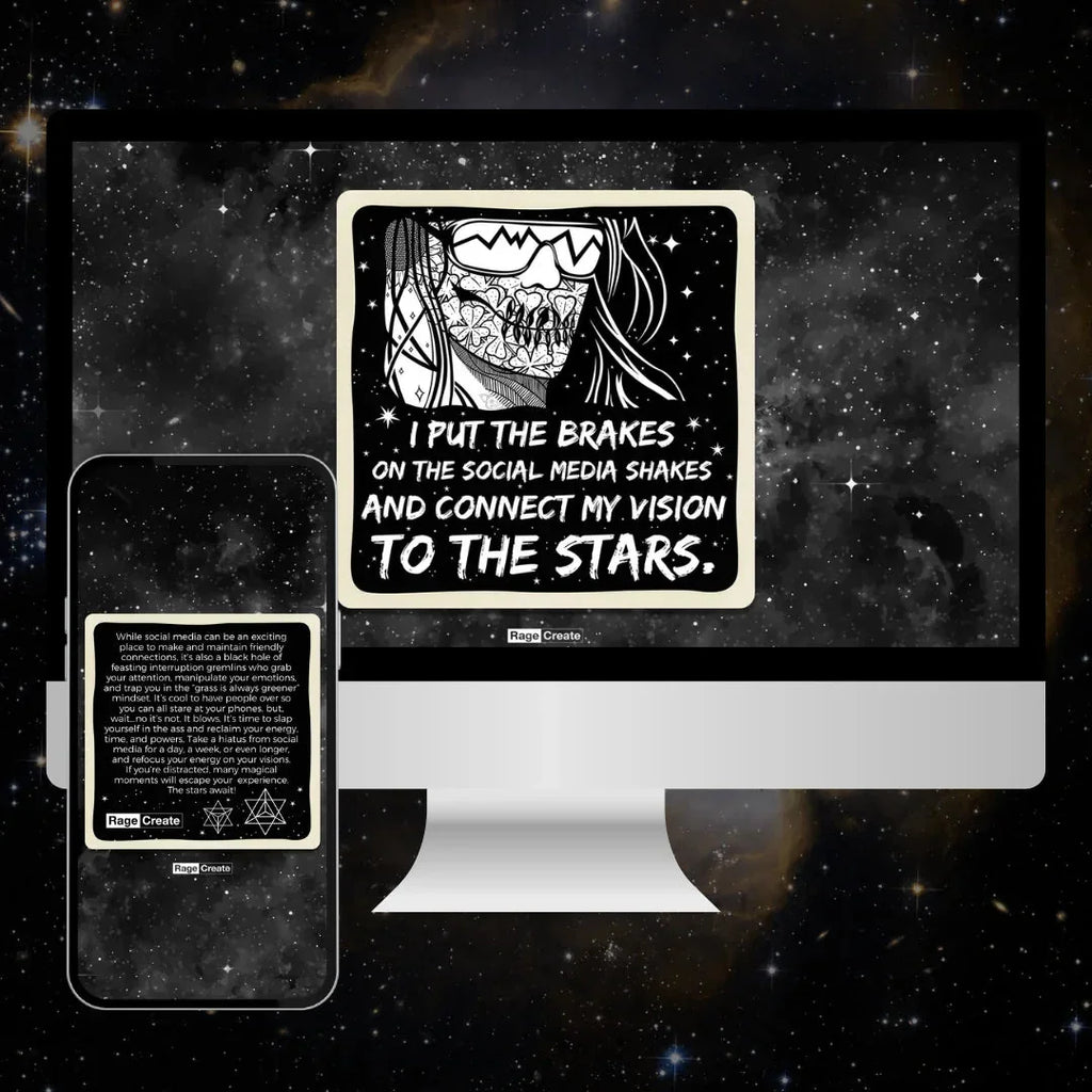 Desktop and mobile device mockup displaying affirmation cards with black ink illustrations and white text on a starry night sky background, promoting Rage Create's digital affirmation deck.