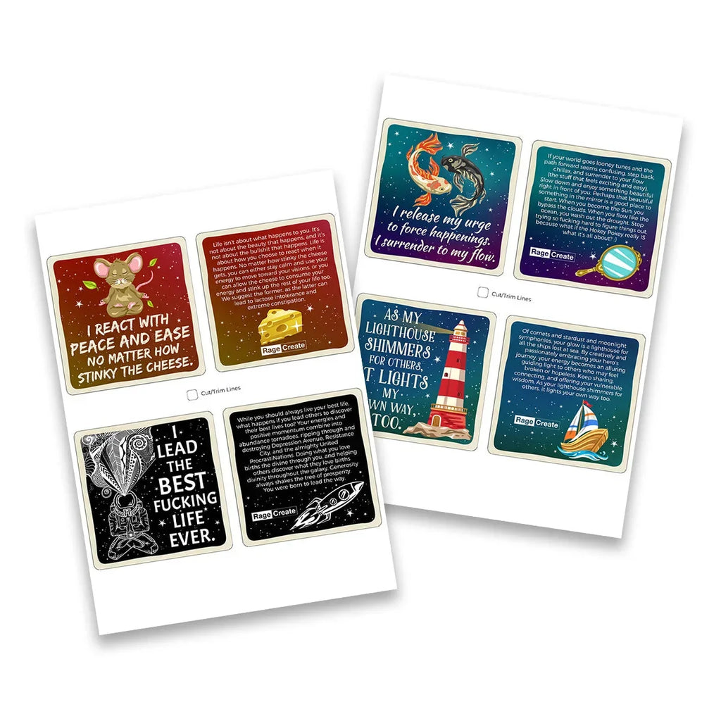 Six colorful affirmation cards arranged on white paper featuring mice, lighthouses, fish, and celestial designs with empowering messages in warm earth tones and cool jewel-tone gradients.