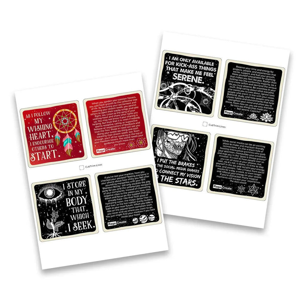 Two printed sticker sheets featuring motivational affirmation cards with celestial and botanical designs in red, black, and white, fanned across white paper with shadows.