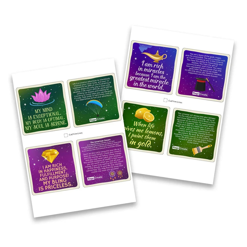 Two printed card sheets fanned at angles showcasing colorful affirmation cards with vibrant purple and green backgrounds, gold accents, and inspirational messages like 'I am rich in miracles' and 'Whe