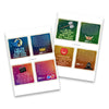 Two white pages displaying colorful affirmation cards with gradient backgrounds in blue, green, gold, and purple tones, each featuring empowering text and icons like a silhouette, axe, apple, and film