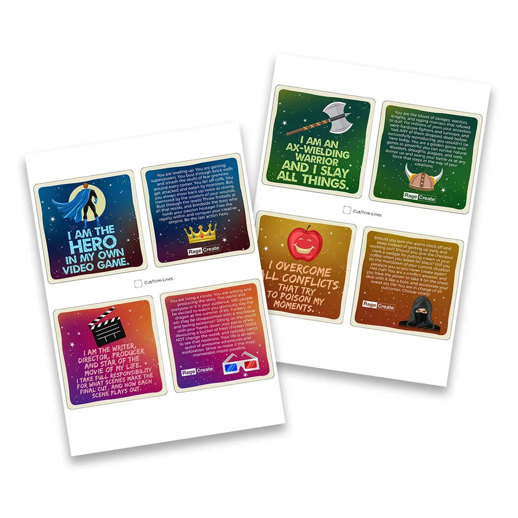 Two white pages displaying colorful affirmation cards with gradient backgrounds in blue, green, gold, and purple tones, each featuring empowering text and icons like a silhouette, axe, apple, and film