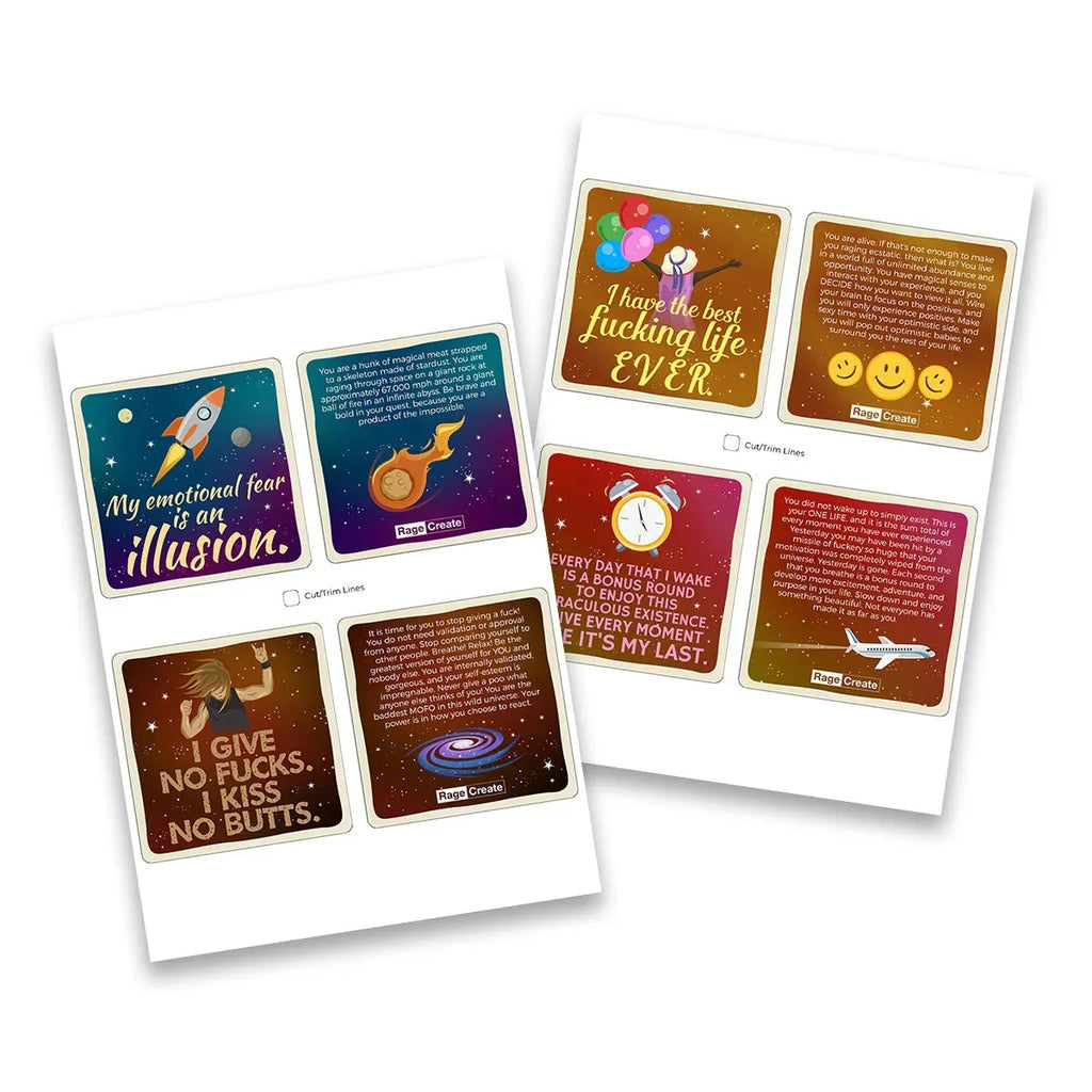 Two printed card sheets displaying colorful affirmation cards with gold and jewel-toned backgrounds, featuring motivational messages and cosmic imagery in a fanned arrangement.