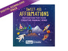Digital download pack cover for Sweet-Ass Affirmations featuring gold text on a deep purple night sky with illustrated figures including an astronaut, meditating woman, rocket, and mountain landscape