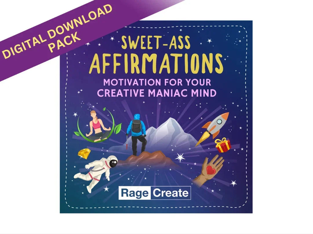 Digital download pack cover for Sweet-Ass Affirmations featuring gold text on a deep purple night sky with illustrated figures including an astronaut, meditating woman, rocket, and mountain landscape