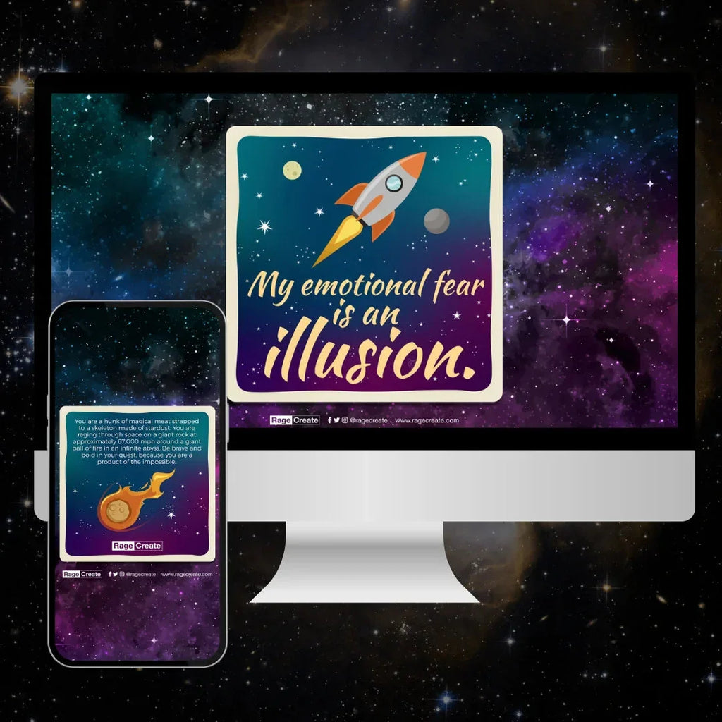 Digital affirmation card mockup showing a teal-to-purple gradient starfield background with an illustrated rocket ship and motivational text 'My emotional fear is an illusion' displayed on both deskto