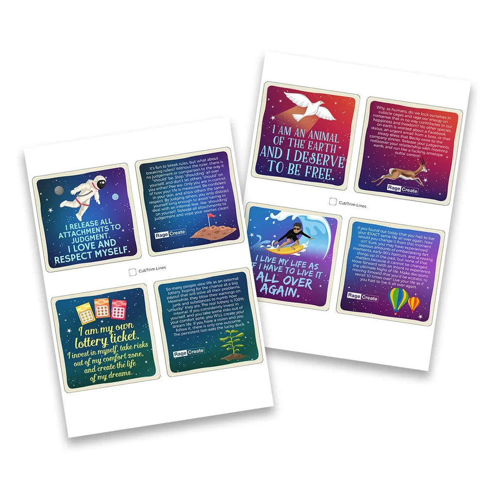 Two printed sheets displaying colorful affirmation cards from the Sweet Ass Affirmations deck, featuring illustrated cosmic and nature scenes with gold-foiled borders and empowering text about self-lo