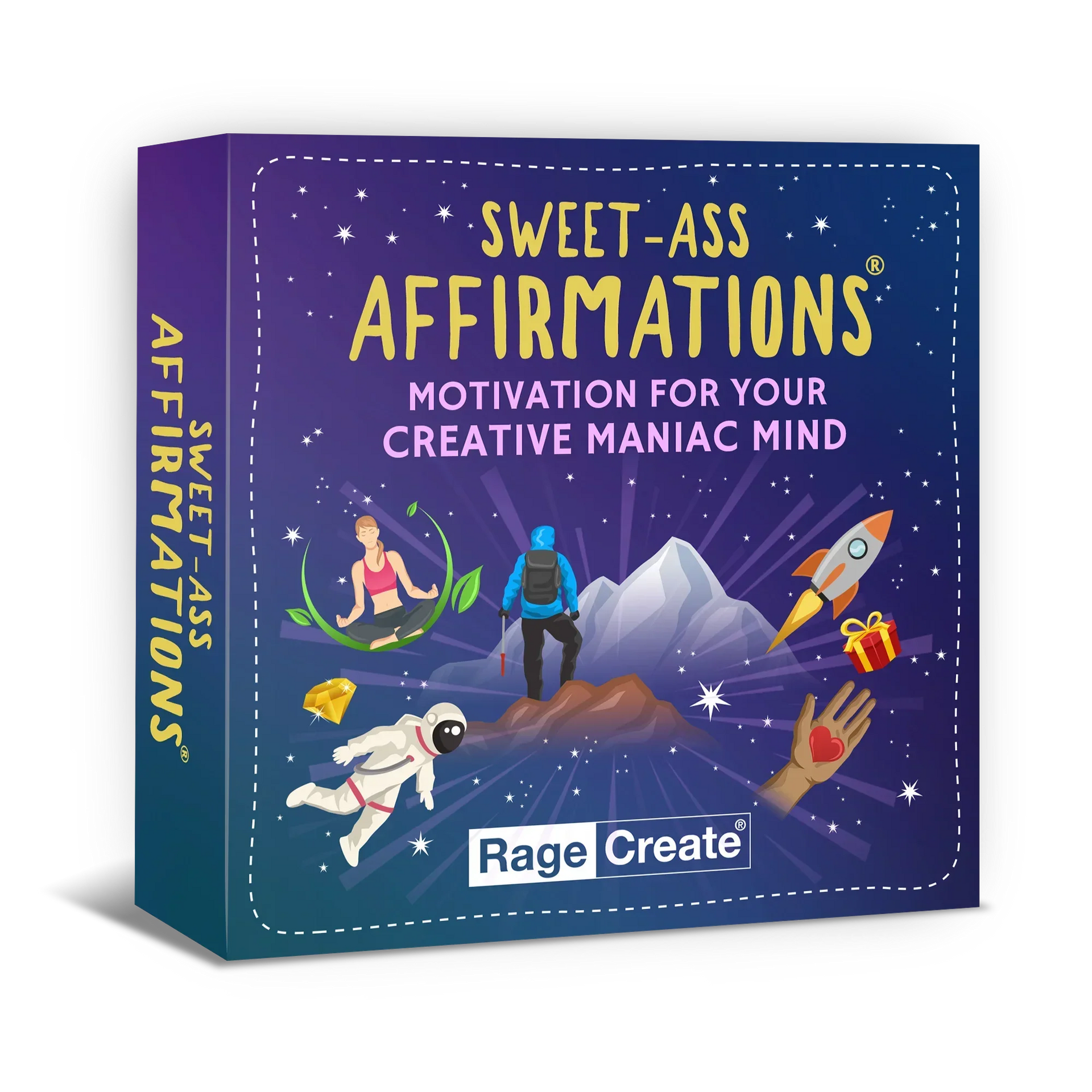 Purple gradient box for Sweet-Ass Affirmations deck featuring illustrated figures climbing mountains, floating in space, and surrounded by motivational symbols like a rocket and gift, with stars scatt